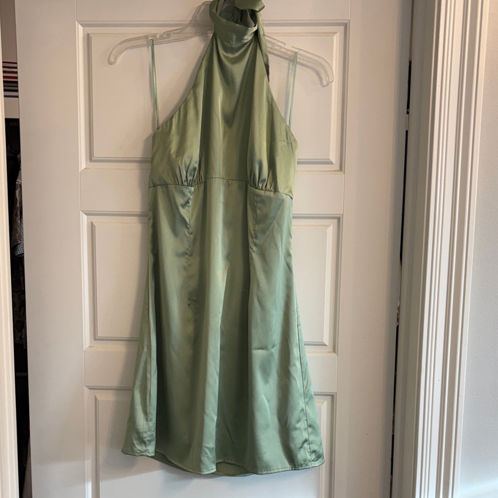 Elegant Green Satin Halter Dress